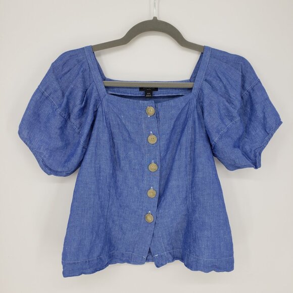 Ann Taylor Puff Sleeve Square Neck Top XXSP Linen Cotton Blend Button Down Blue - Picture 3 of 9